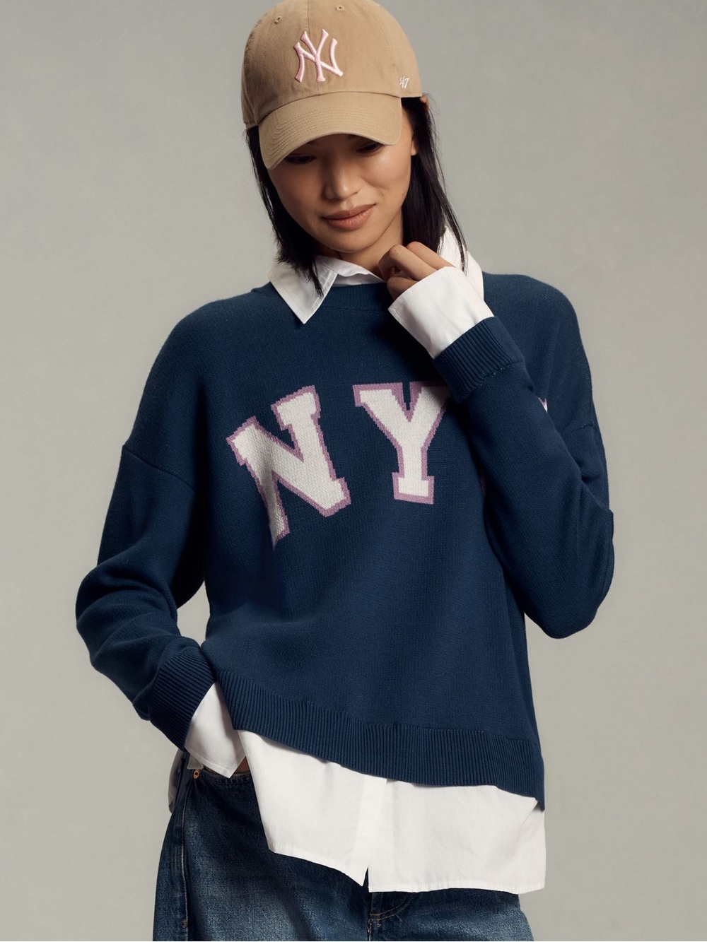 Anthropologie Navy Blue NYC Graphic Layered Twofer Sweater Pullover Small